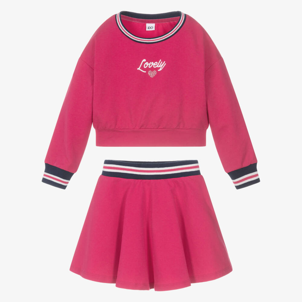 iDO-Girls Pink Cotton Jersey Skirt Set with Blue Ribbed Trims | Childrensalon Outlet