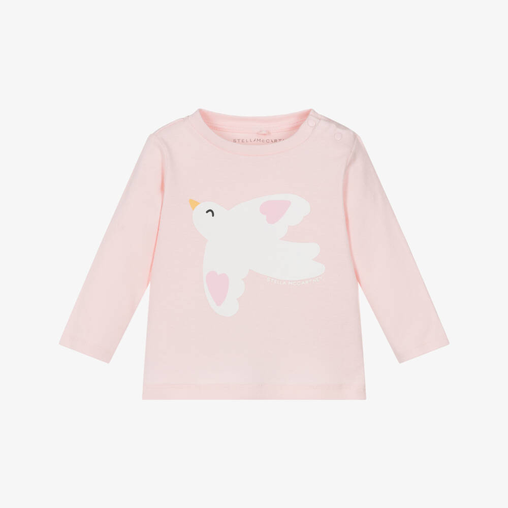 Stella McCartney Kids-Girls Pink Cotton Jersey Top with Bird Print | Childrensalon Outlet