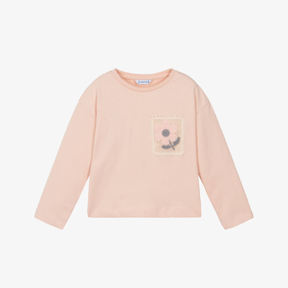 Mayoral-Girls Pink Cotton Jersey Top with Crochet Lace Pocket | Childrensalon Outlet