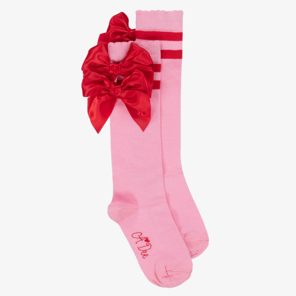 A Dee-Girls Pink Cotton Knee High Socks with Red Stripes & Satin Bows | Childrensalon Outlet