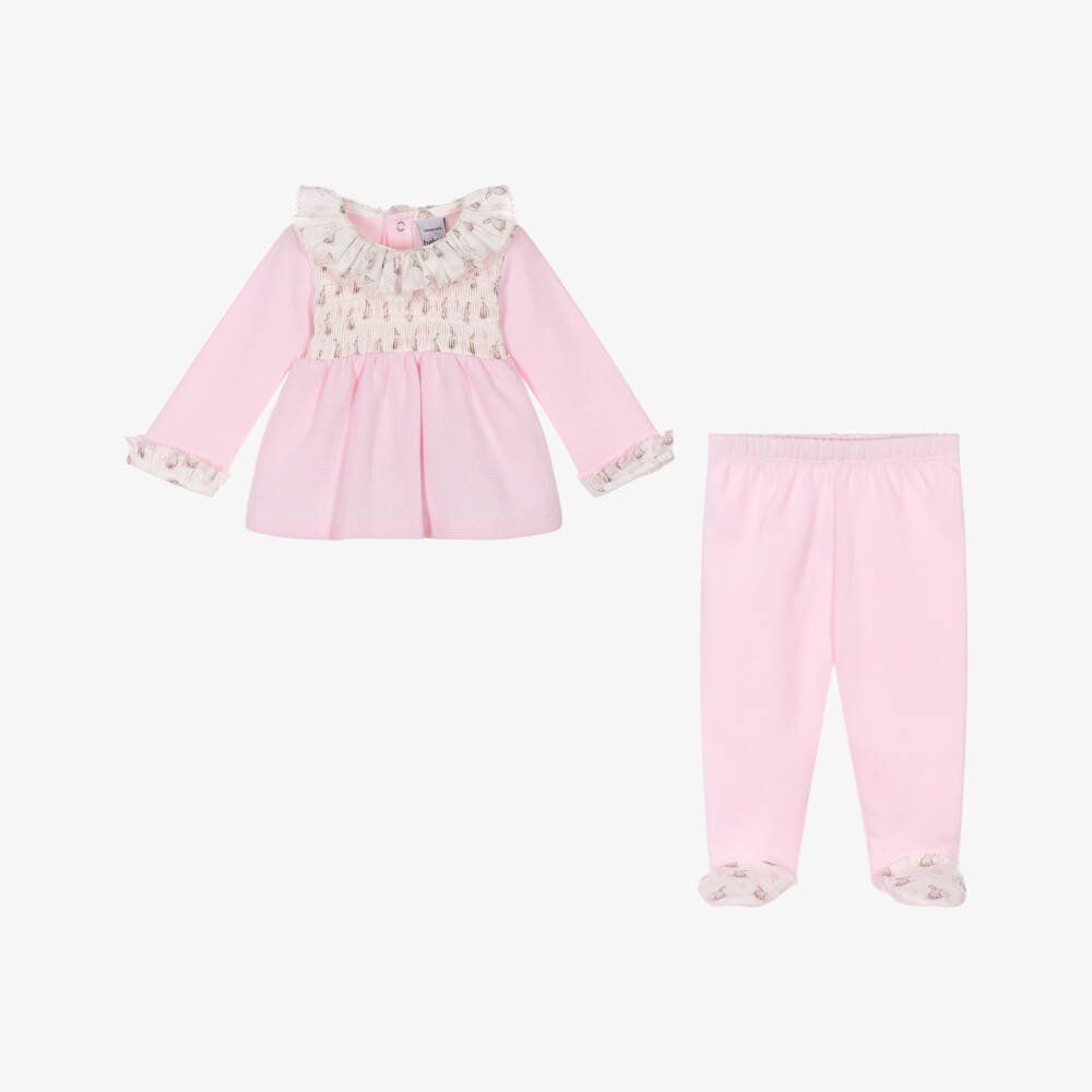 Babidu-Girls Pink Cotton Knit Babygrow with Bunny Print Trims | Childrensalon Outlet