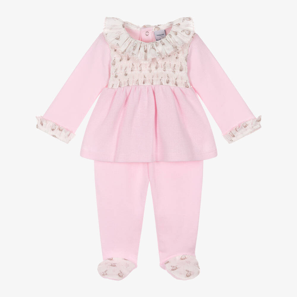 Babidu-Girls Pink Cotton Knit Babygrow with Bunny Print Trims | Childrensalon Outlet