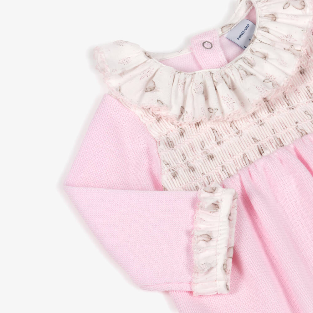 Babidu-Girls Pink Cotton Knit Babygrow with Bunny Print Trims | Childrensalon Outlet