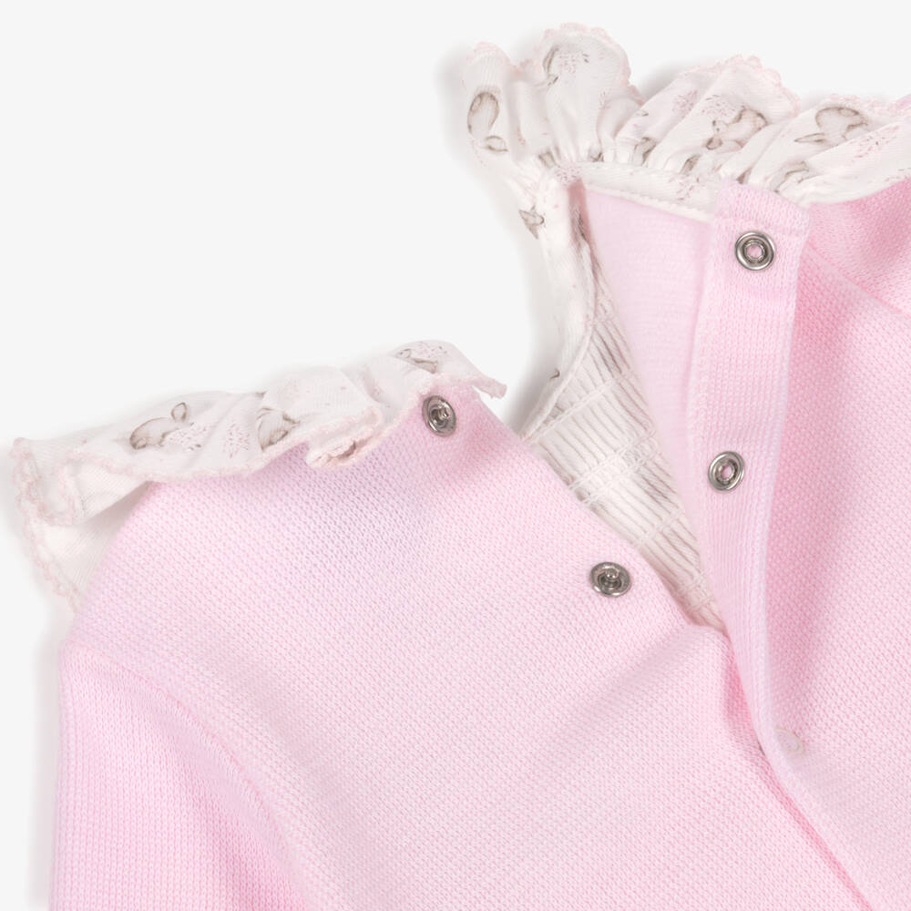 Babidu-Girls Pink Cotton Knit Babygrow with Bunny Print Trims | Childrensalon Outlet