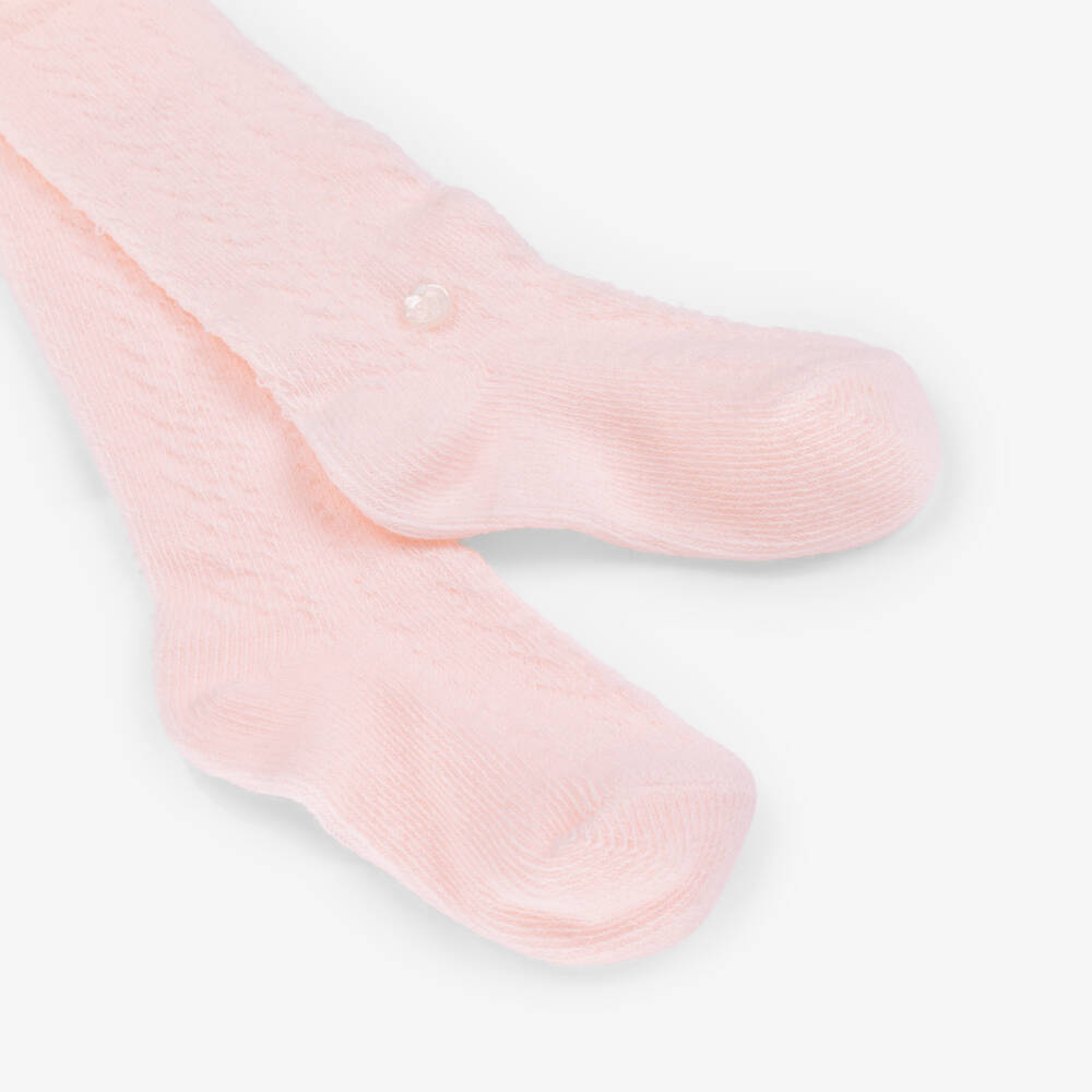 Tartine et Chocolat-Girls Pink Cotton Knit Lace Pattern Tights | Childrensalon Outlet