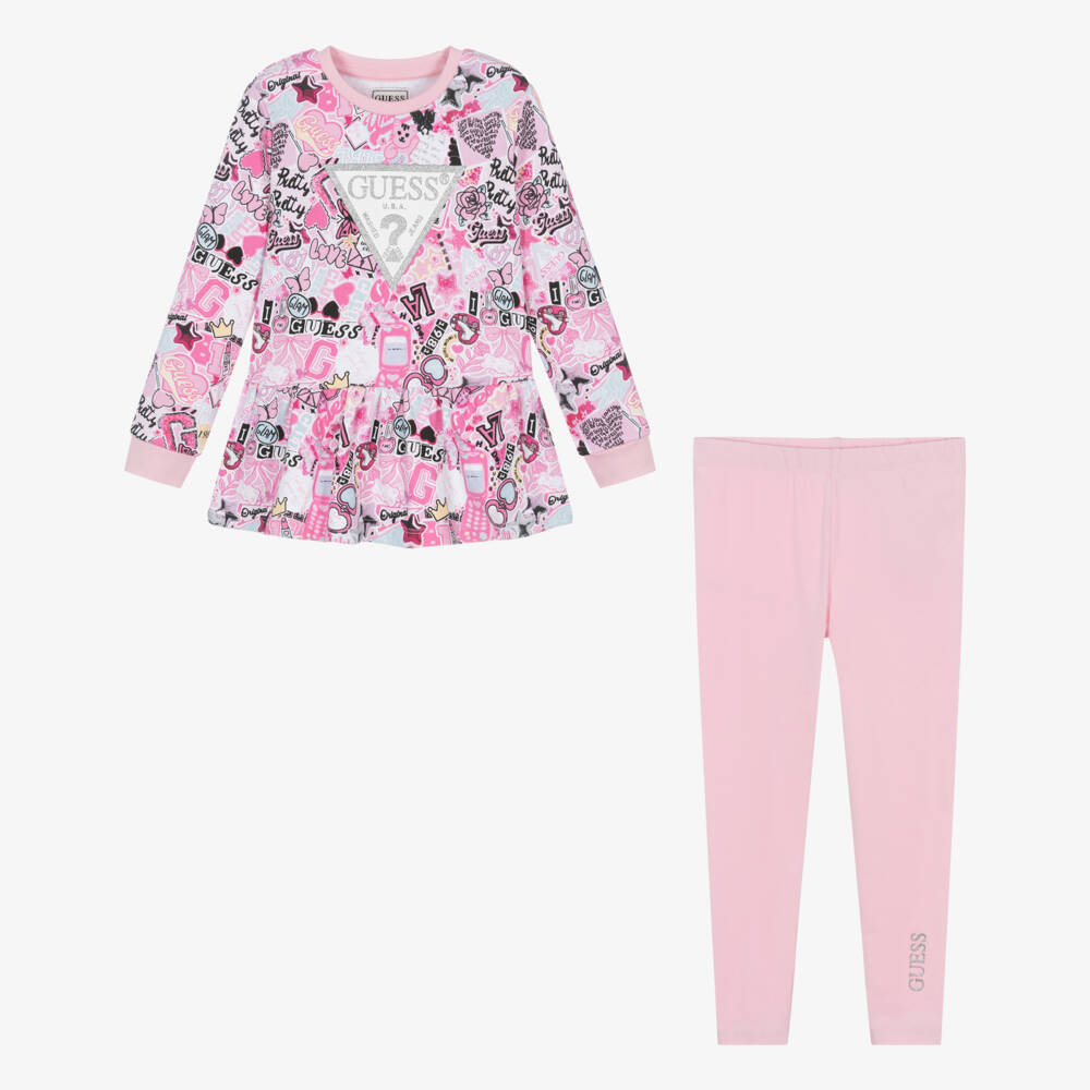 Guess-Girls Pink Cotton Leggings Set with Graphic Logo Print | Childrensalon Outlet