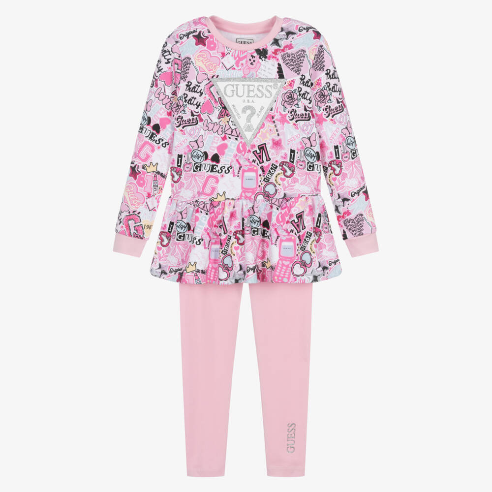 Guess-Girls Pink Cotton Leggings Set with Graphic Logo Print | Childrensalon Outlet