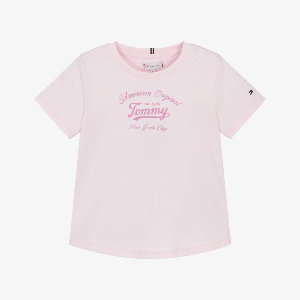 Tommy Hilfiger-Girls Pink Cotton Metallic Logo T-Shirt | Childrensalon Outlet