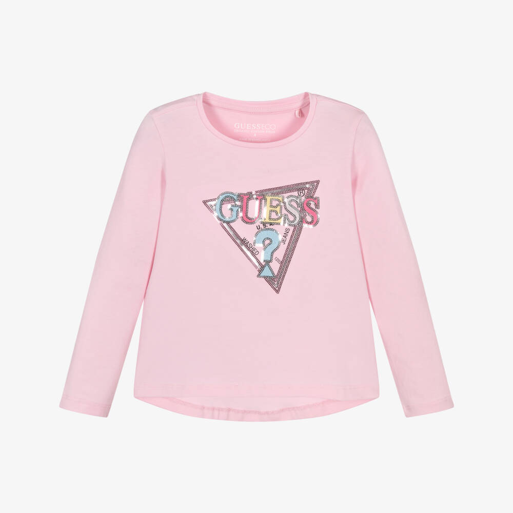Guess-Girls Pink Cotton Sequin Logo Top | Childrensalon Outlet
