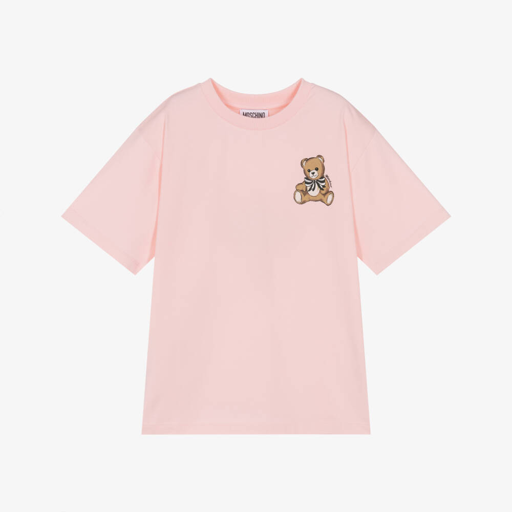 Moschino-Girls Pink Cotton Teddy Bear Crew Neck T-Shirt | Childrensalon Outlet