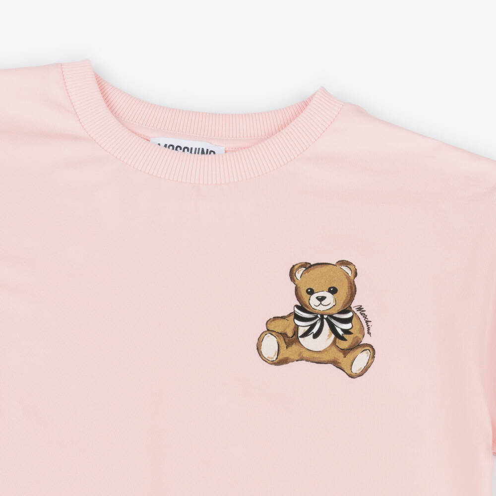 Moschino-Girls Pink Cotton Teddy Bear Crew Neck T-Shirt | Childrensalon Outlet