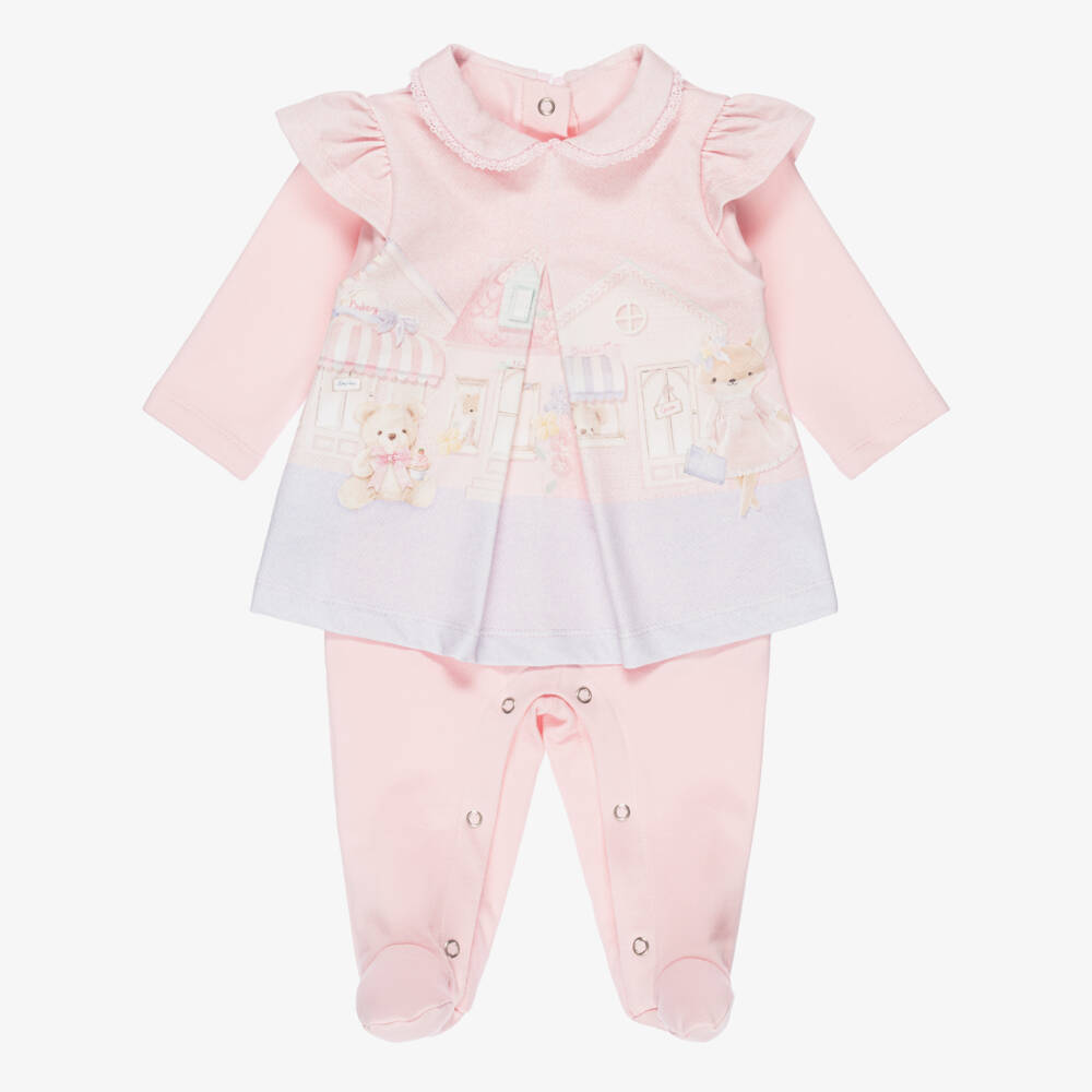 Lapin House-Girls Pink Cotton Teddy Illustration Babygrow | Childrensalon Outlet