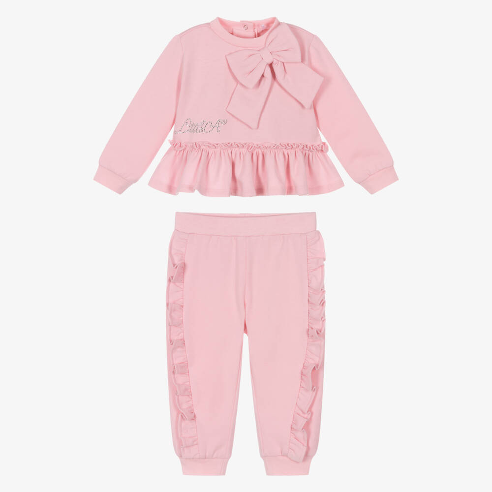 A Dee-Girls Pink Cotton Tracksuit with Bow & Ruffles | Childrensalon Outlet