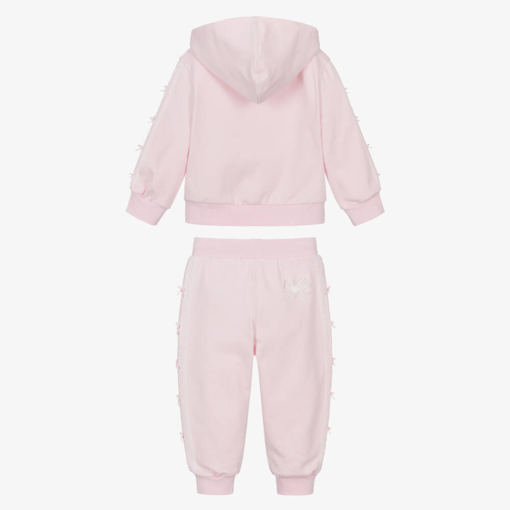 Monnalisa-Girls Pink Cotton Tracksuit with Lace & Bow Trims | Childrensalon Outlet