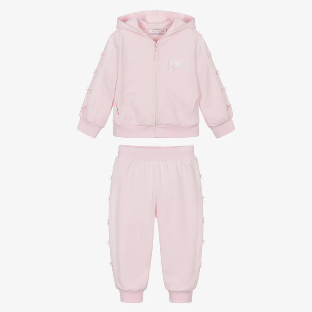 Monnalisa-Girls Pink Cotton Tracksuit with Lace & Bow Trims | Childrensalon Outlet