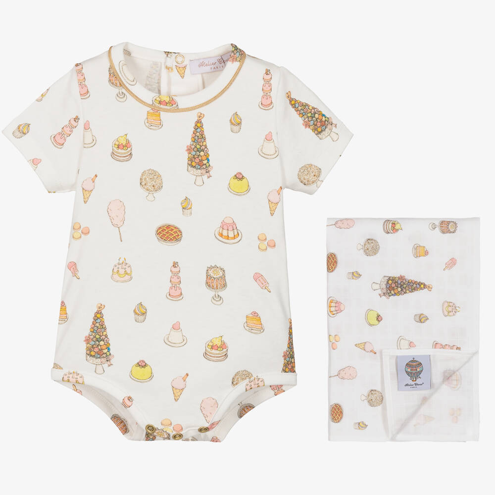 Atelier Choux Paris-Girls Pink Cotton Treats Babysuit Gift Set | Childrensalon Outlet