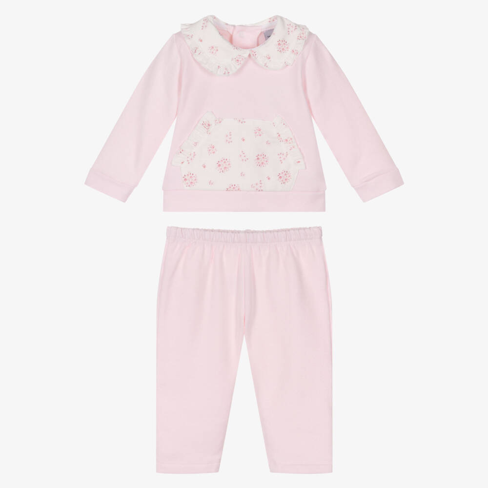 Babidu-Girls Pink Cotton Trouser Set with Floral Collar | Childrensalon Outlet