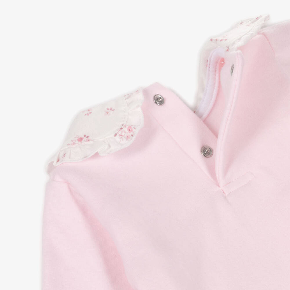 Babidu-Girls Pink Cotton Trouser Set with Floral Collar | Childrensalon Outlet