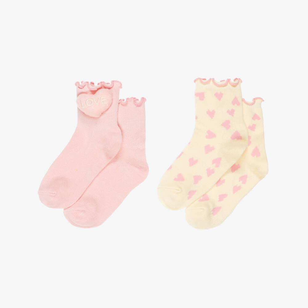 Mayoral-Girls Pink & Cream Heart Cotton Socks (2 Pack) | Childrensalon Outlet