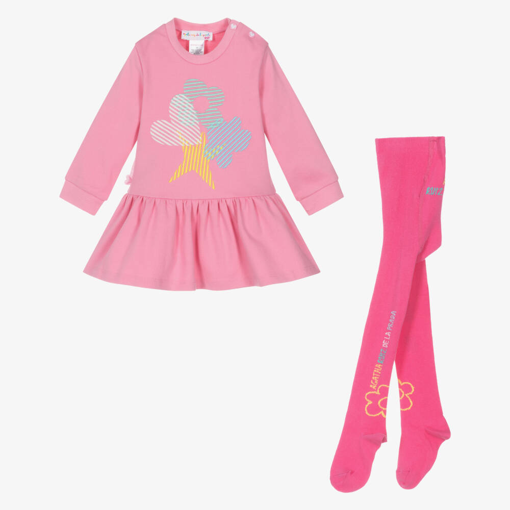 Agatha Ruiz de la Prada-Girls Pink Embroidered Jersey Dress & Tights Set | Childrensalon Outlet