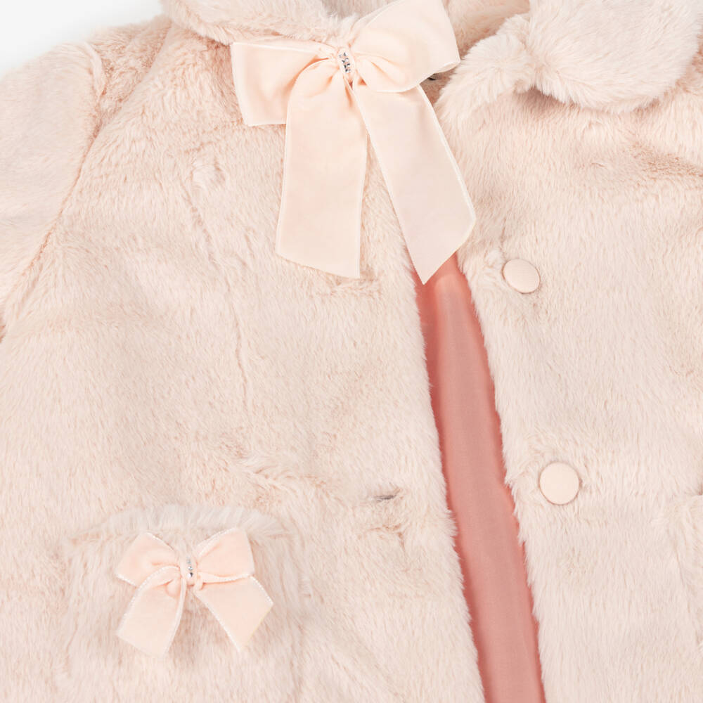 Piccola Speranza-Girls Pink Faux Fur Coat with Velvet Bows | Childrensalon Outlet