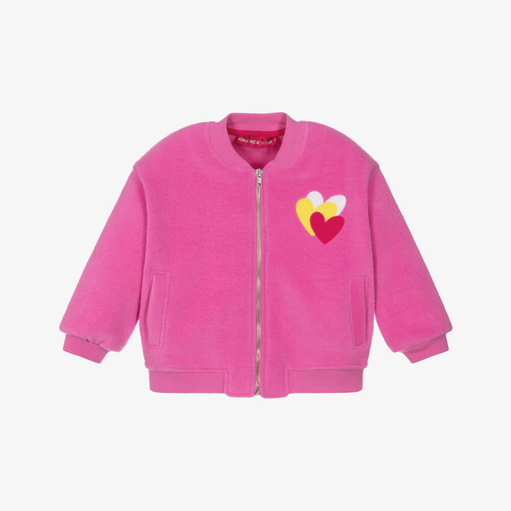 Agatha Ruiz de la Prada-Girls Pink Fleece Bomber Jacket with Logo Hearts | Childrensalon Outlet