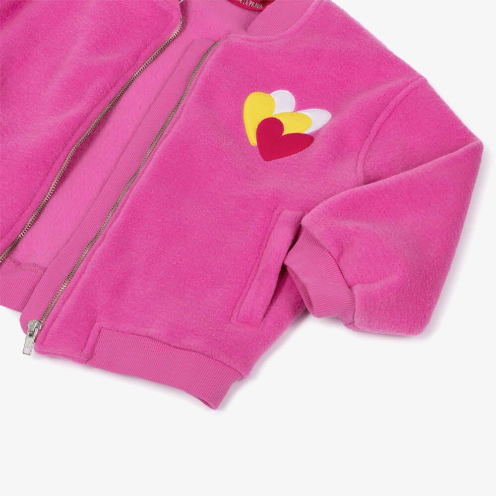 Agatha Ruiz de la Prada-Girls Pink Fleece Bomber Jacket with Logo Hearts | Childrensalon Outlet
