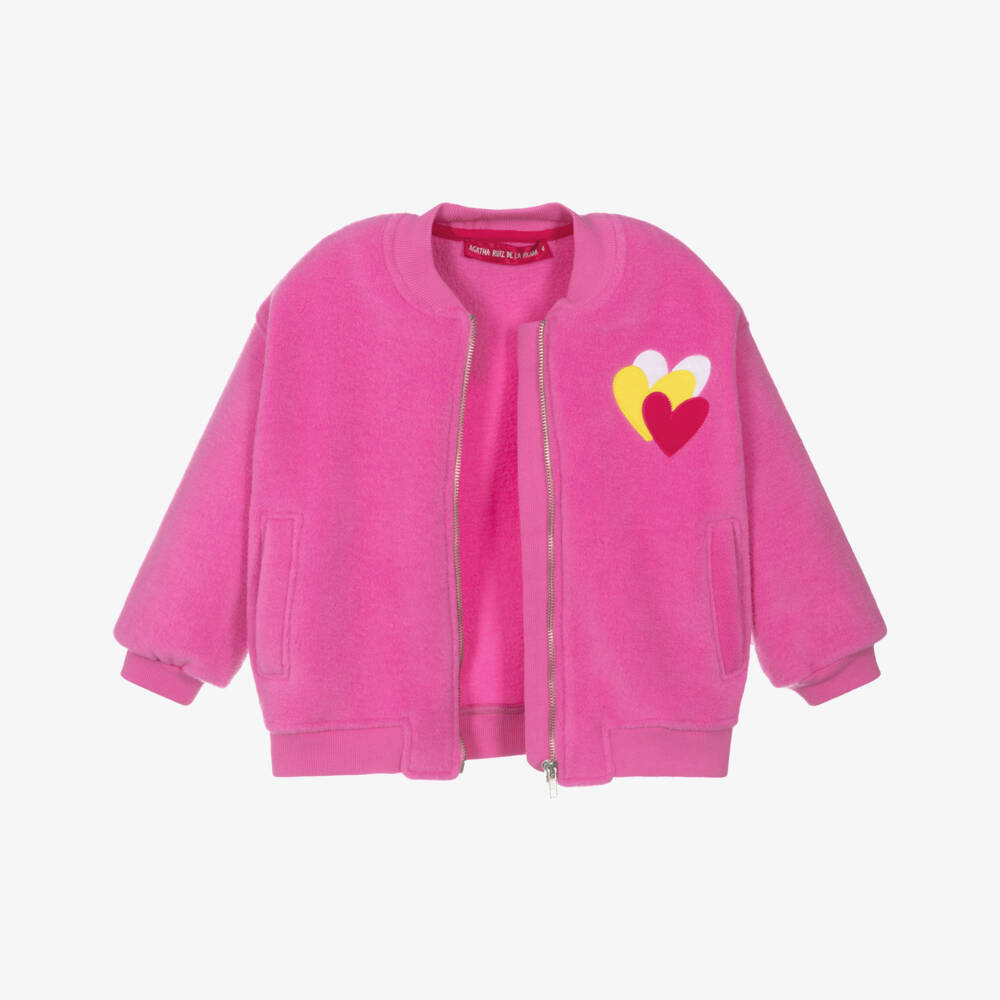 Agatha Ruiz de la Prada-Girls Pink Fleece Bomber Jacket with Logo Hearts | Childrensalon Outlet