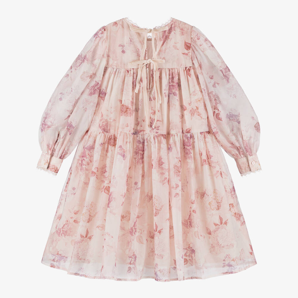 Petite Amalie-Girls Pink Floral Cotton Dress with Lace Trim | Childrensalon Outlet