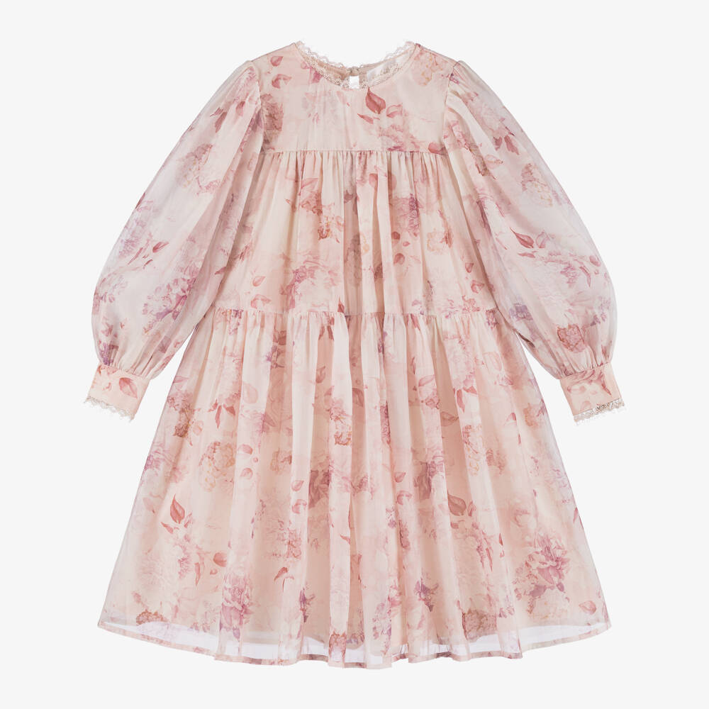 Petite Amalie-Girls Pink Floral Cotton Dress with Lace Trim | Childrensalon Outlet