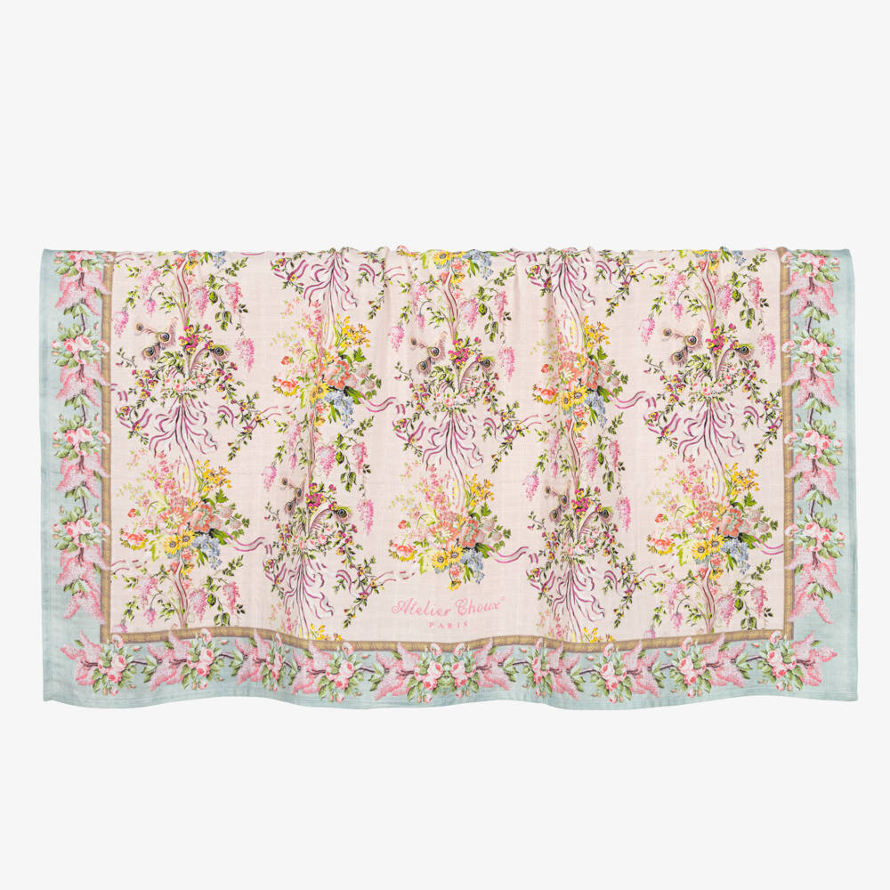 Atelier Choux Paris-Girls Pink Floral Cotton Swaddle (97cm) | Childrensalon Outlet