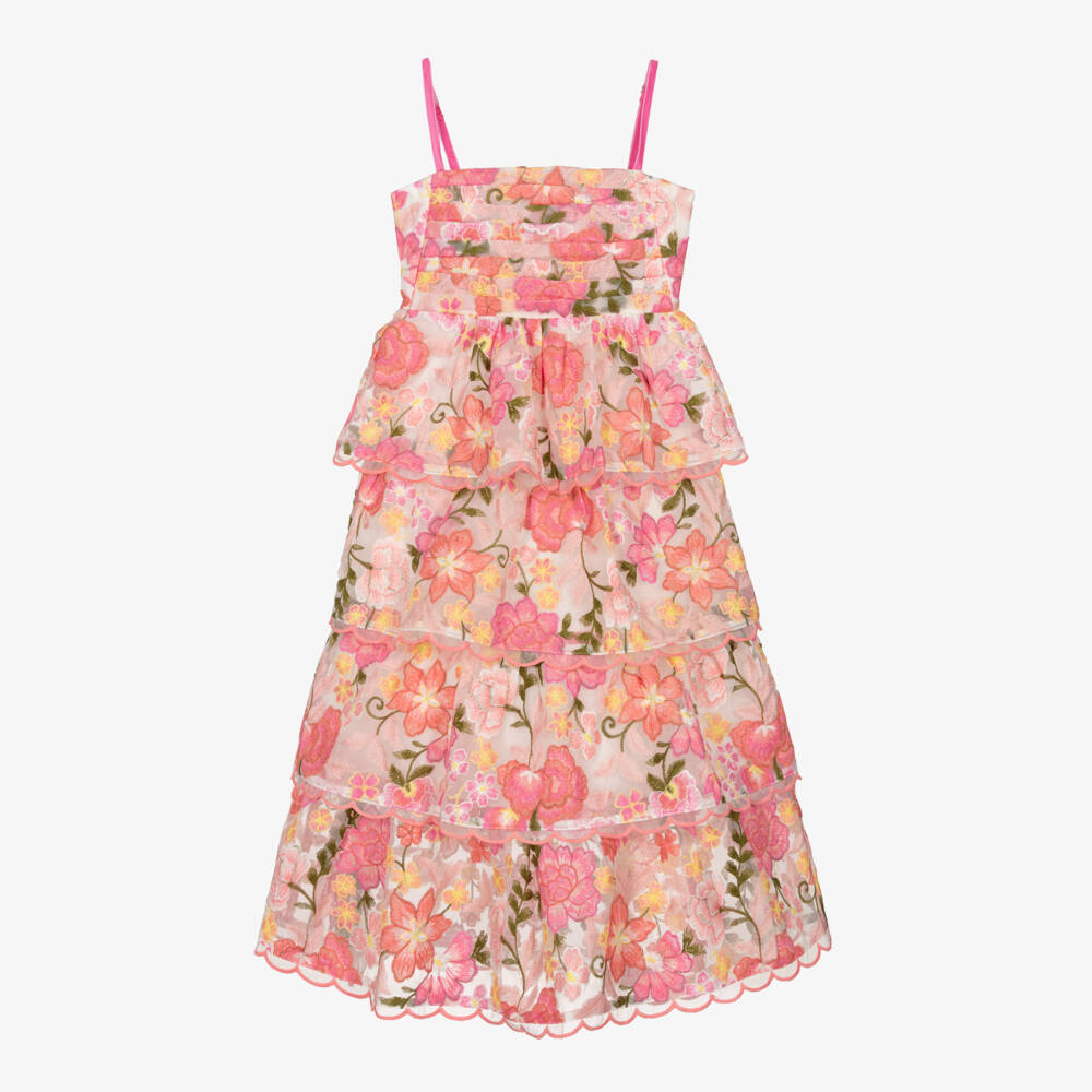 Marlo Kids-Girls Pink Floral Embroidered Organza Dress | Childrensalon Outlet