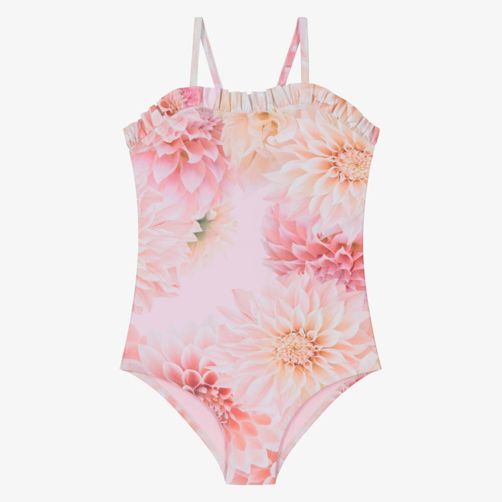 Molo-Girls Pink Floral Frill Swimsuit (UPF50+) | Childrensalon Outlet