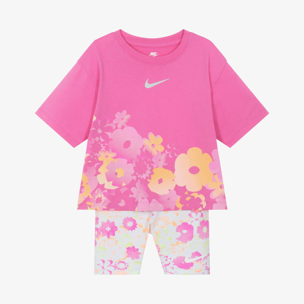 Nike-Girls Pink Floral Swoosh Logo Shorts Set | Childrensalon Outlet