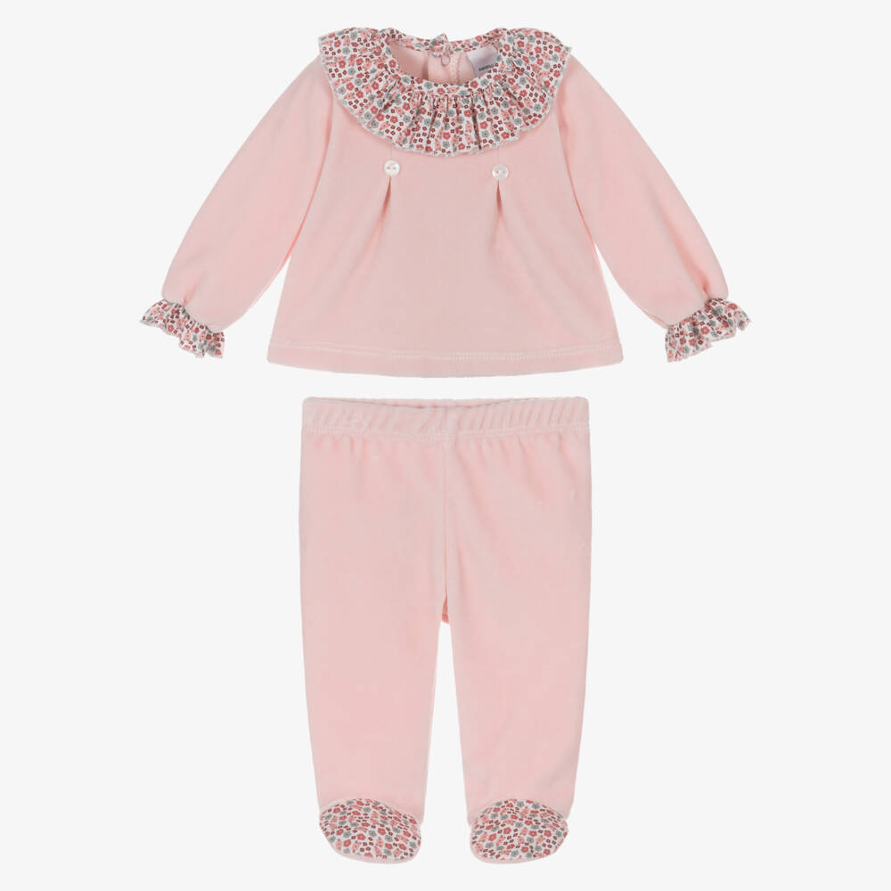 Babidu-Girls Pink Floral Velour 2 Piece Babygrow | Childrensalon Outlet