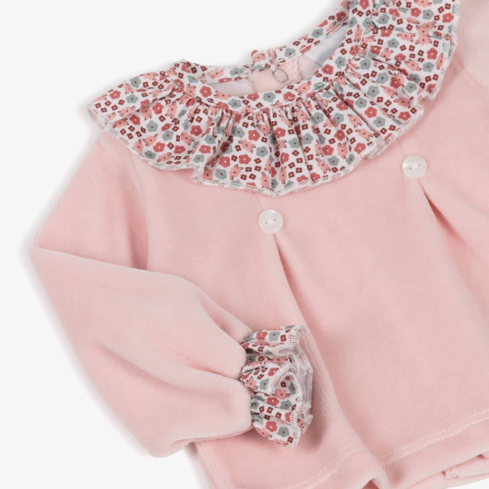 Babidu-Girls Pink Floral Velour 2 Piece Babygrow | Childrensalon Outlet