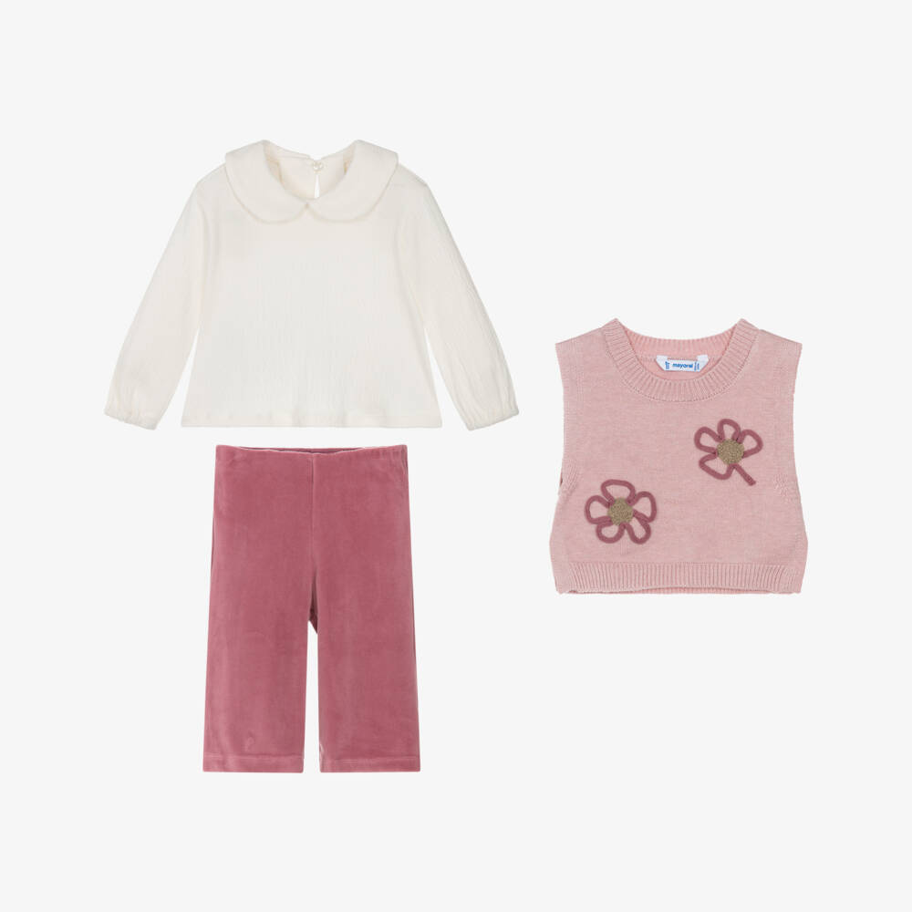 Mayoral-Girls Pink Flower Velour Trouser Set | Childrensalon Outlet