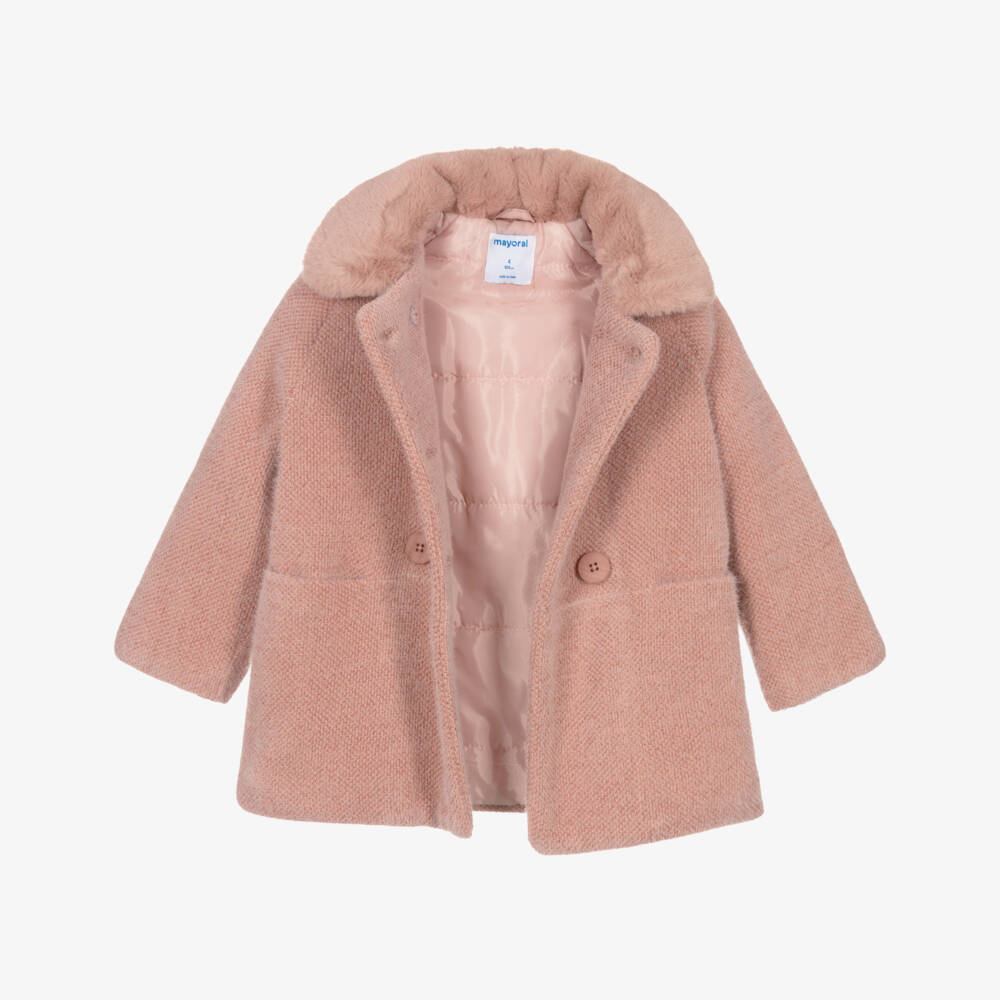 Mayoral-Girls Pink Fluffy Coat with Faux Fur Collar | Childrensalon Outlet