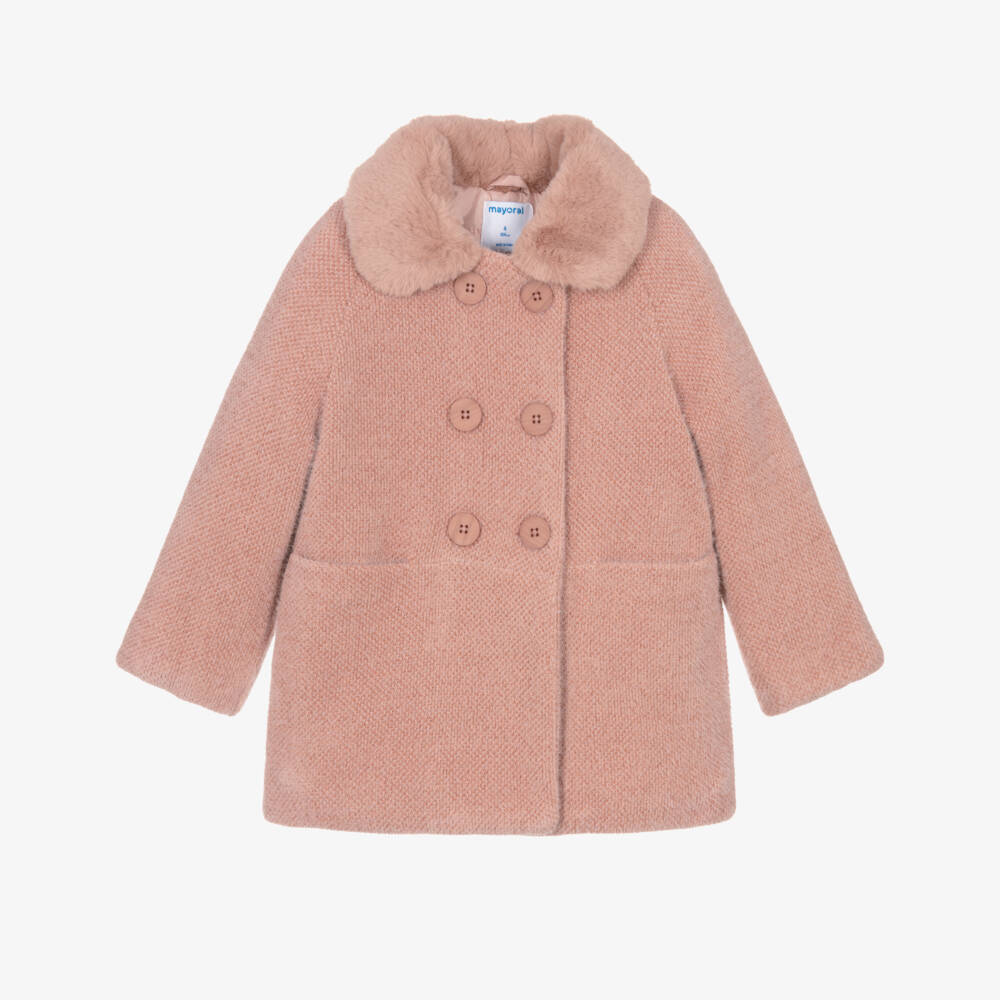 Mayoral-Girls Pink Fluffy Coat with Faux Fur Collar | Childrensalon Outlet