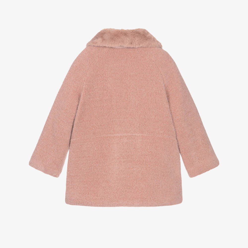 Mayoral-Girls Pink Fluffy Coat with Faux Fur Collar | Childrensalon Outlet