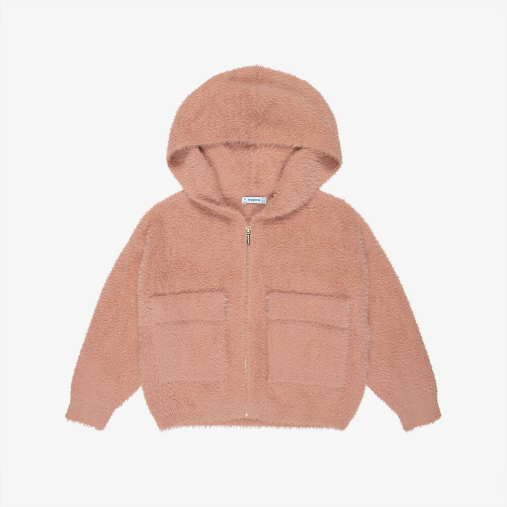 Mayoral-Girls Pink Fluffy Knit Hooded Zip-Up Top | Childrensalon Outlet