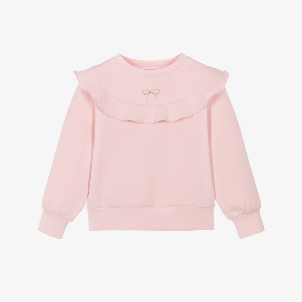 Lili Gaufrette-Girls Pink Frill Sweatshirt with Embroidered Gold Bow Logo | Childrensalon Outlet