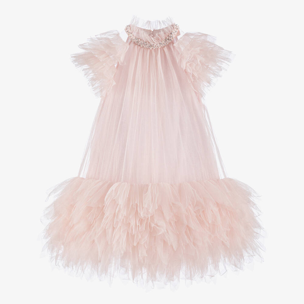 Tutu du Monde-Girls Pink Glittery Tulle Dress with Pearl & Diamanté Collar | Childrensalon Outlet