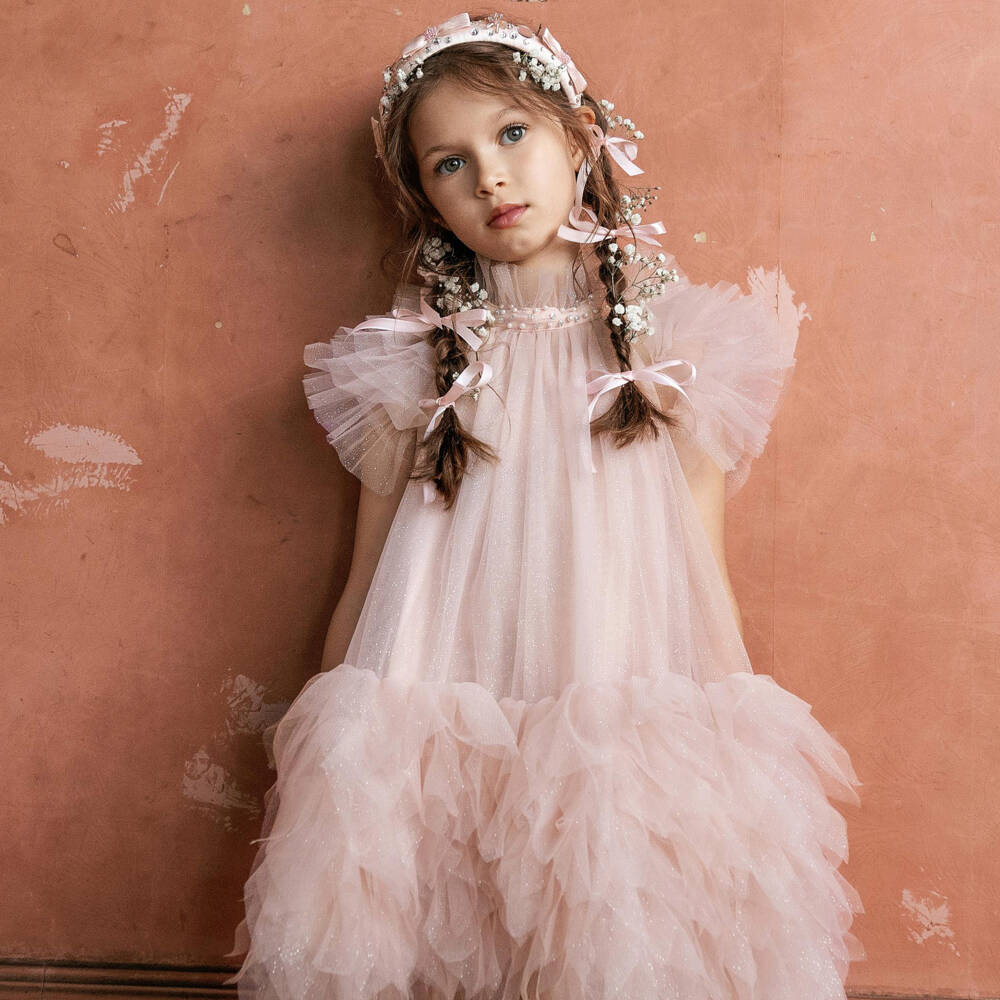 Tutu du Monde-Girls Pink Glittery Tulle Dress with Pearl & Diamanté Collar | Childrensalon Outlet