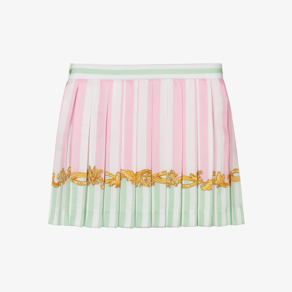 Versace-Girls Pink & Green Barocco Leaf Pinstripe Pleated Skirt | Childrensalon Outlet