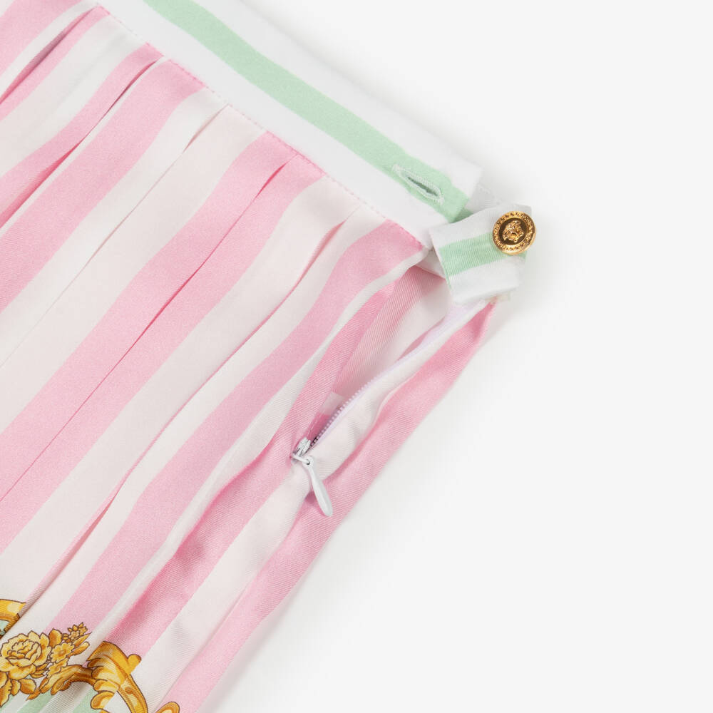 Versace-Girls Pink & Green Barocco Leaf Pinstripe Pleated Skirt | Childrensalon Outlet