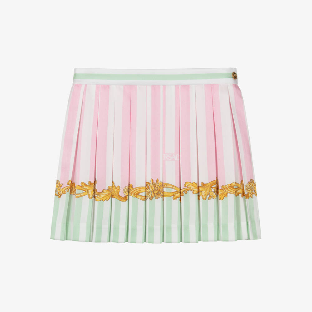Versace-Girls Pink & Green Barocco Leaf Pinstripe Pleated Skirt | Childrensalon Outlet