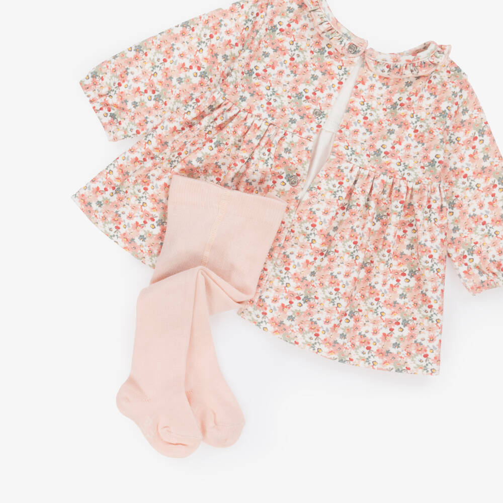 Tutto Piccolo-Girls Pink & Green Floral Cotton Jersey Dress Set | Childrensalon Outlet