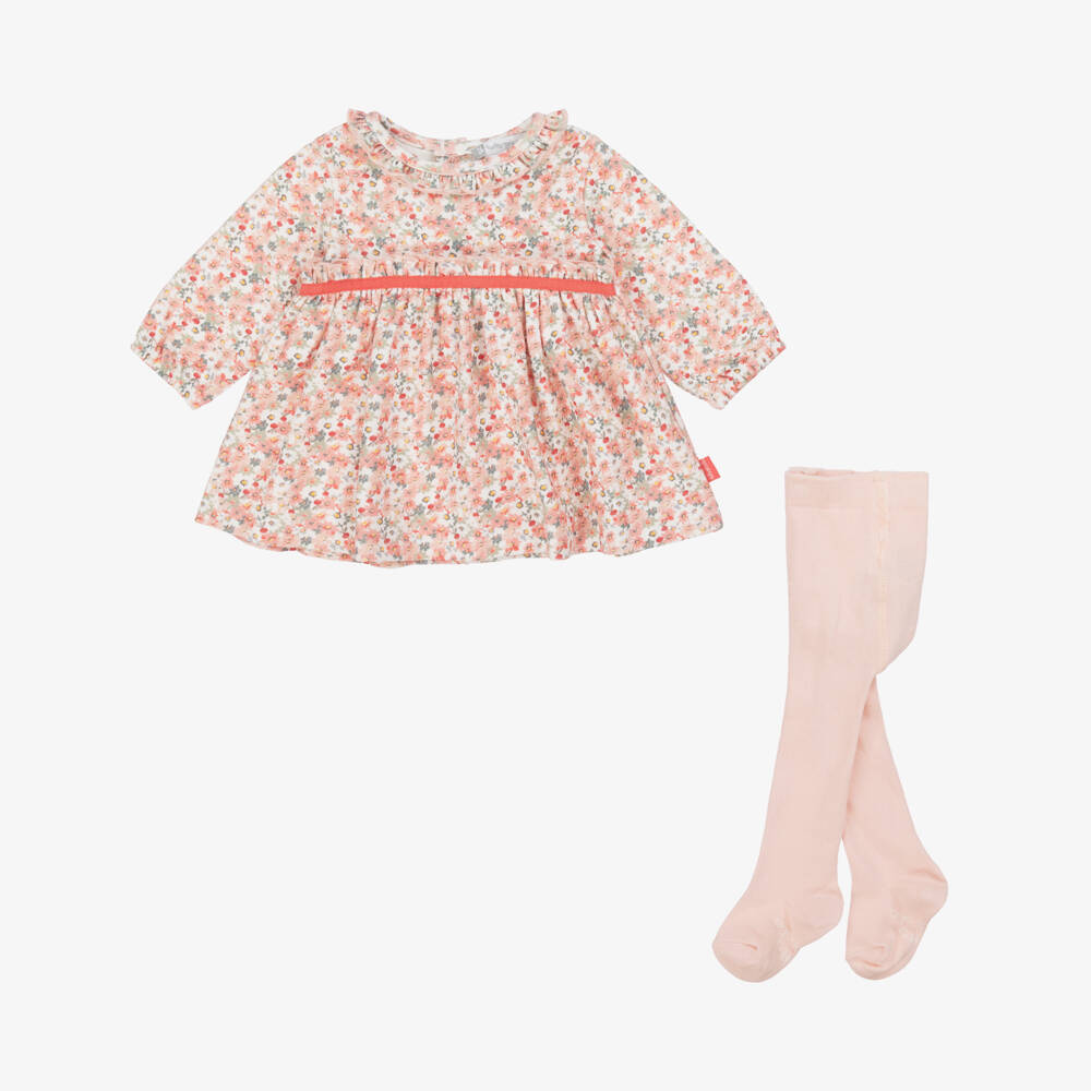Tutto Piccolo-Girls Pink & Green Floral Cotton Jersey Dress Set | Childrensalon Outlet