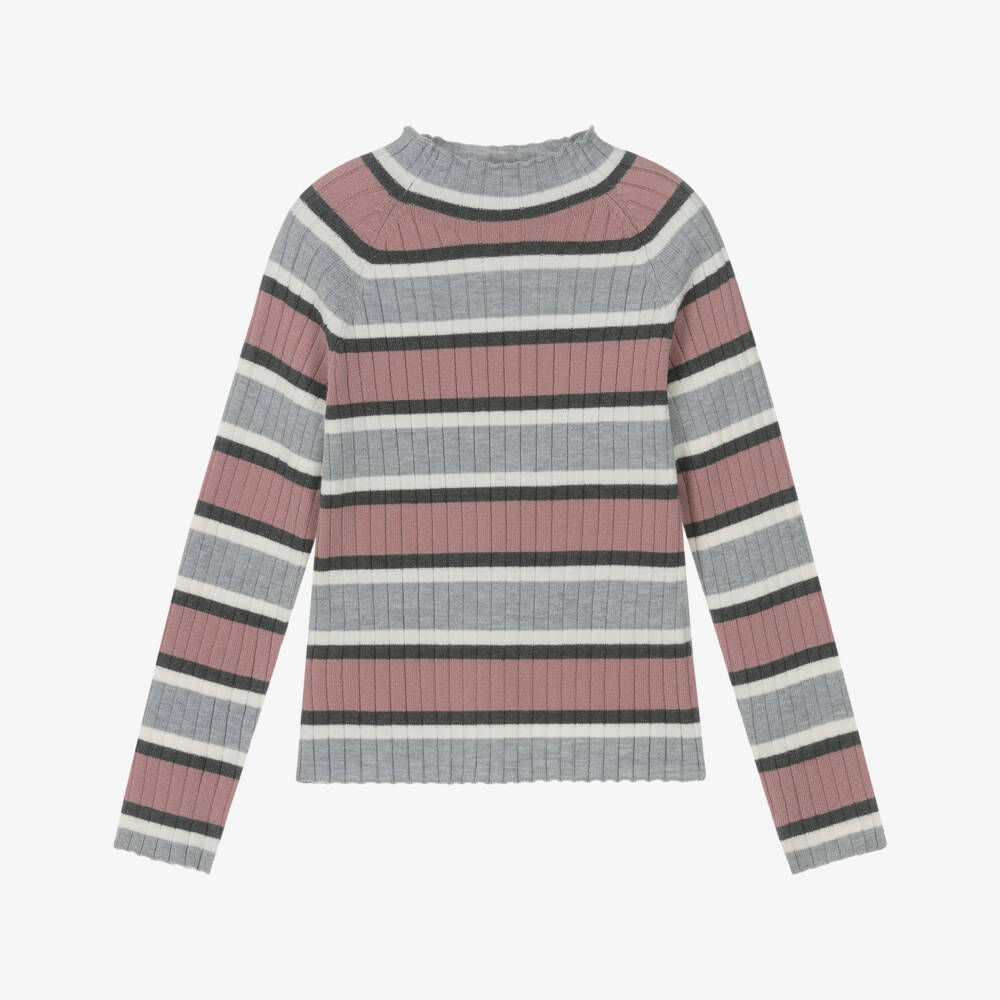 Mayoral-Girls Pink & Grey Stripe Roll Neck Top | Childrensalon Outlet